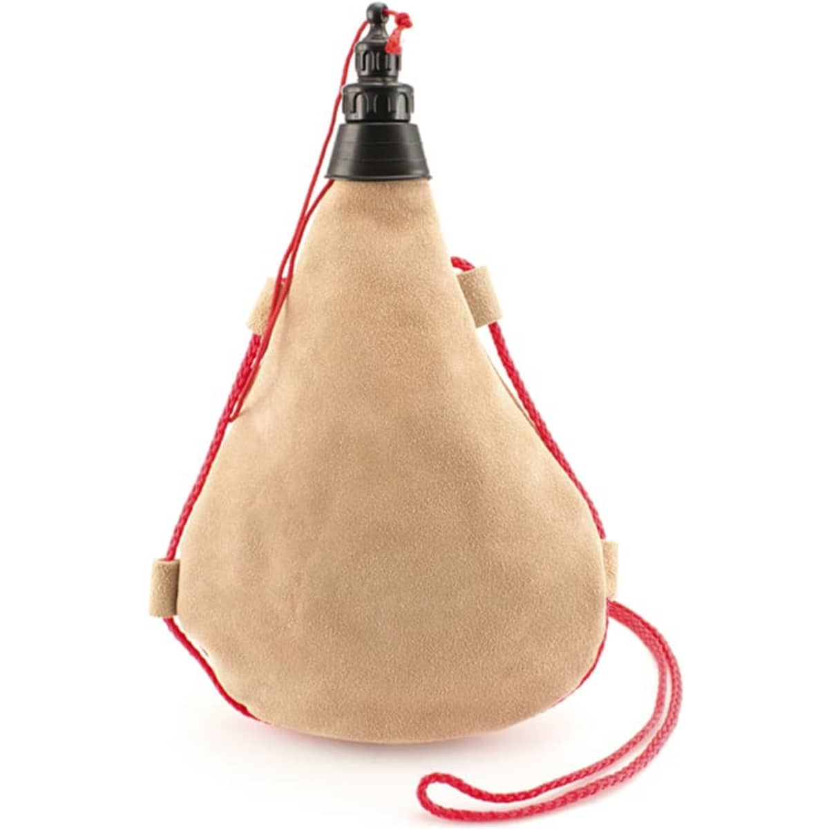 A drink bottle in a tan colour with a black spout and red straps for easy carrying. It features a simple logo.