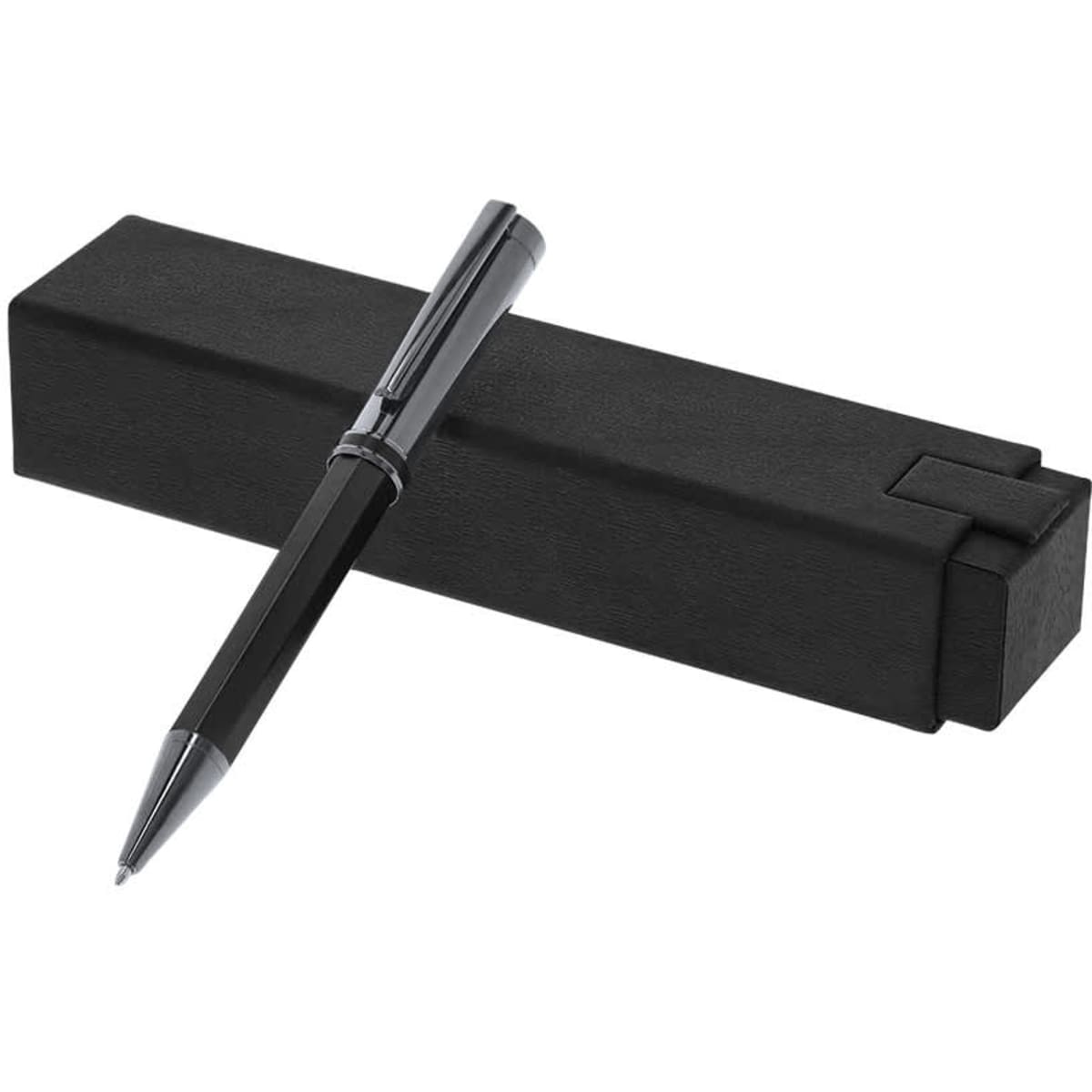 A black metal pen lies on a black box, showcasing a sleek and elegant design. The box features a simple shape.