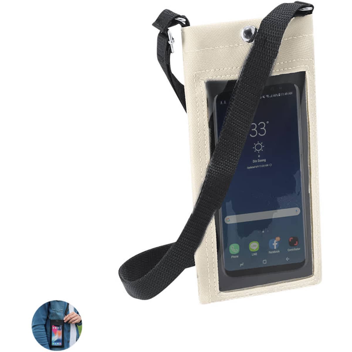 A cream-coloured phone pouch with a black strap holding a smartphone, featuring a logo.