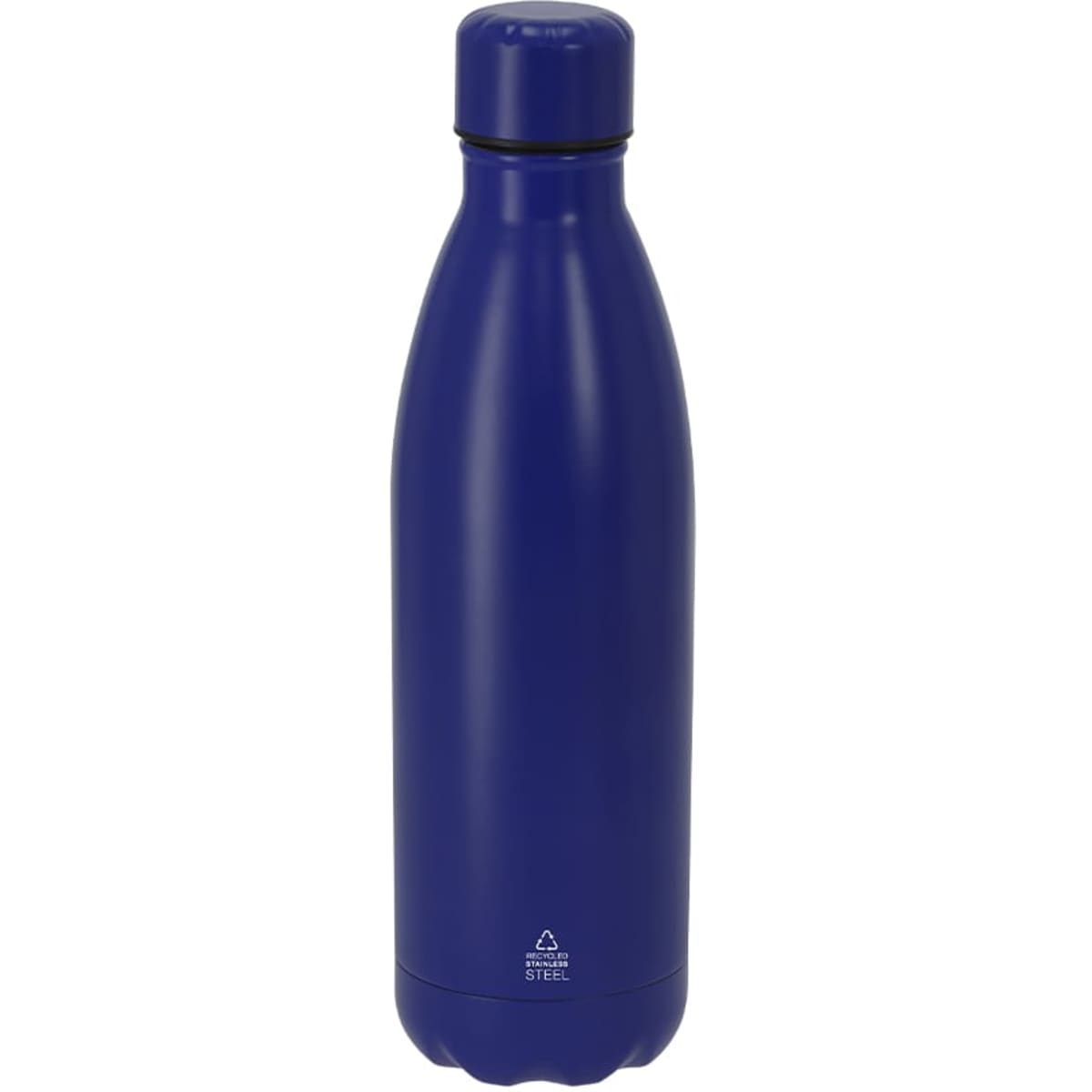 A drink bottle in a deep blue colour, made of stainless steel and featuring a logo on the front.