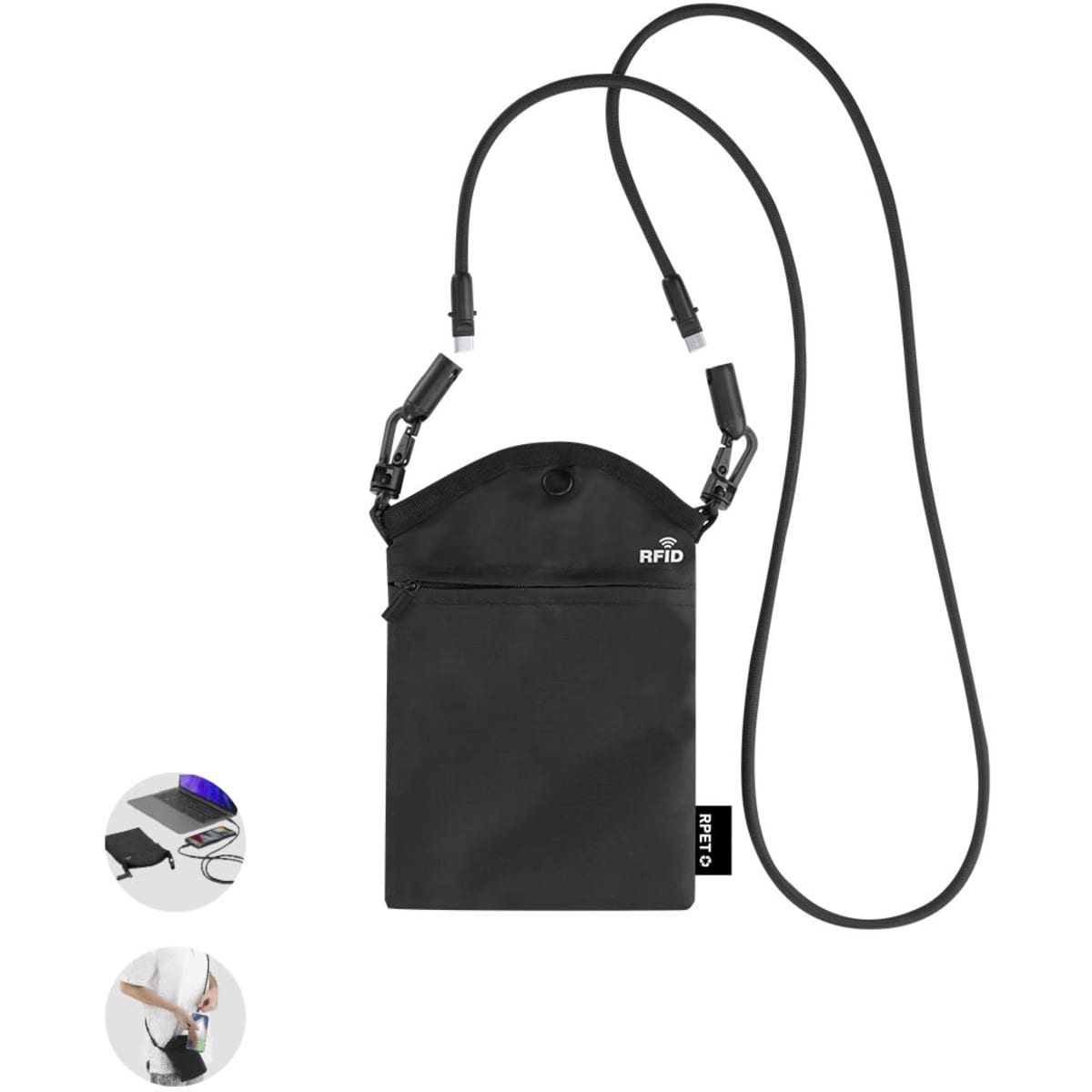 A black RFID pouch with an adjustable strap, featuring a front pocket and branding. Ideal for carrying essentials.