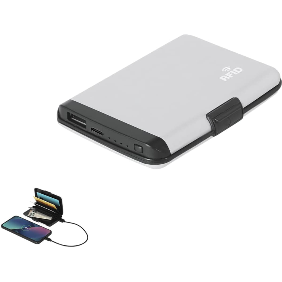 A silver and black power bank with a USB port and RFID protection feature, accompanied by a card holder.