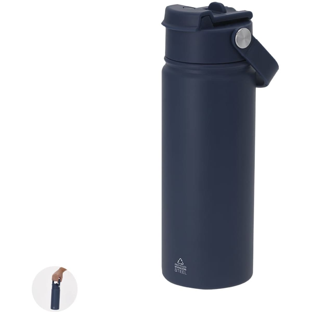 A drink bottle in navy blue with a secure lid and carrying handle, featuring a logo. Ideal for keeping beverages insulated.