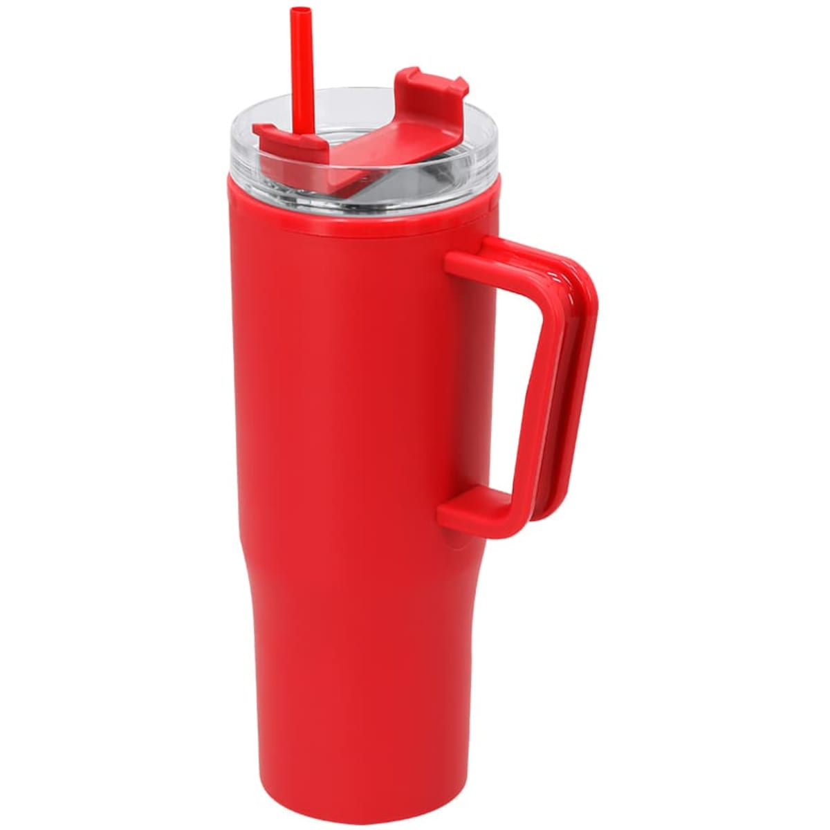 A red insulated mug with a clear lid and straw, featuring a handle for easy gripping.