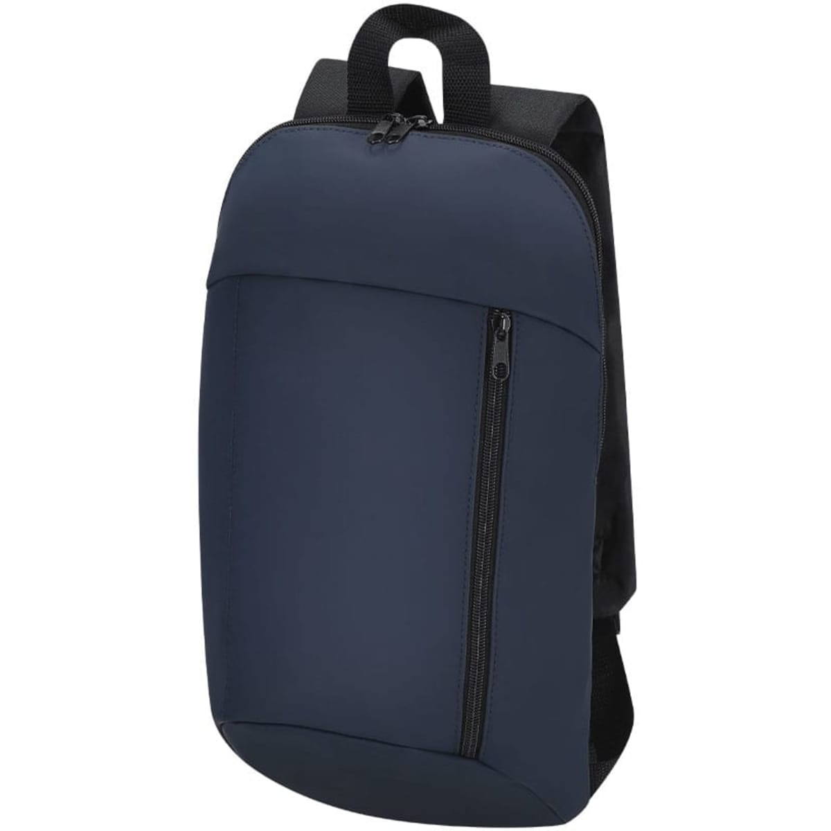 A navy blue backpack featuring a sleek design, two zippered compartments, and a logo on the front.