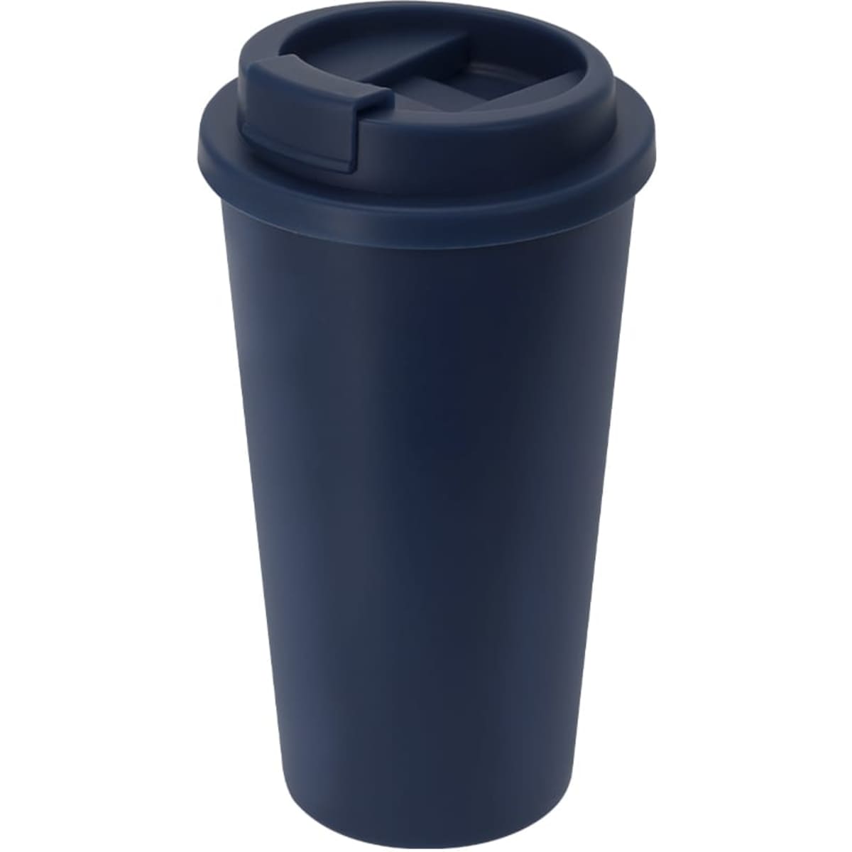 A drink bottle featuring a navy blue insulated cup with a fitted lid and a logo. Ideal for travel.