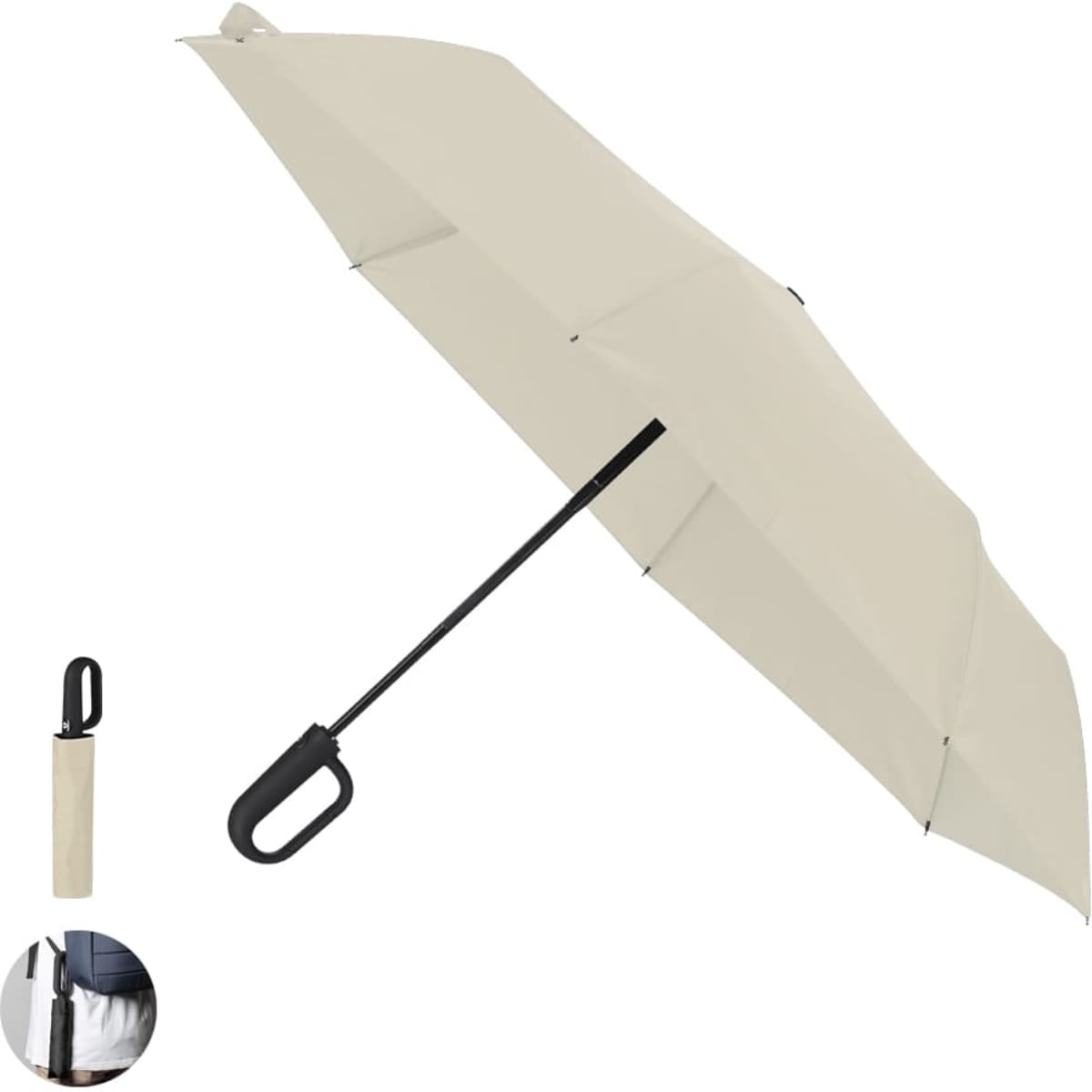 A beige umbrella with a black handle, folded next to the open umbrella, featuring a logo.