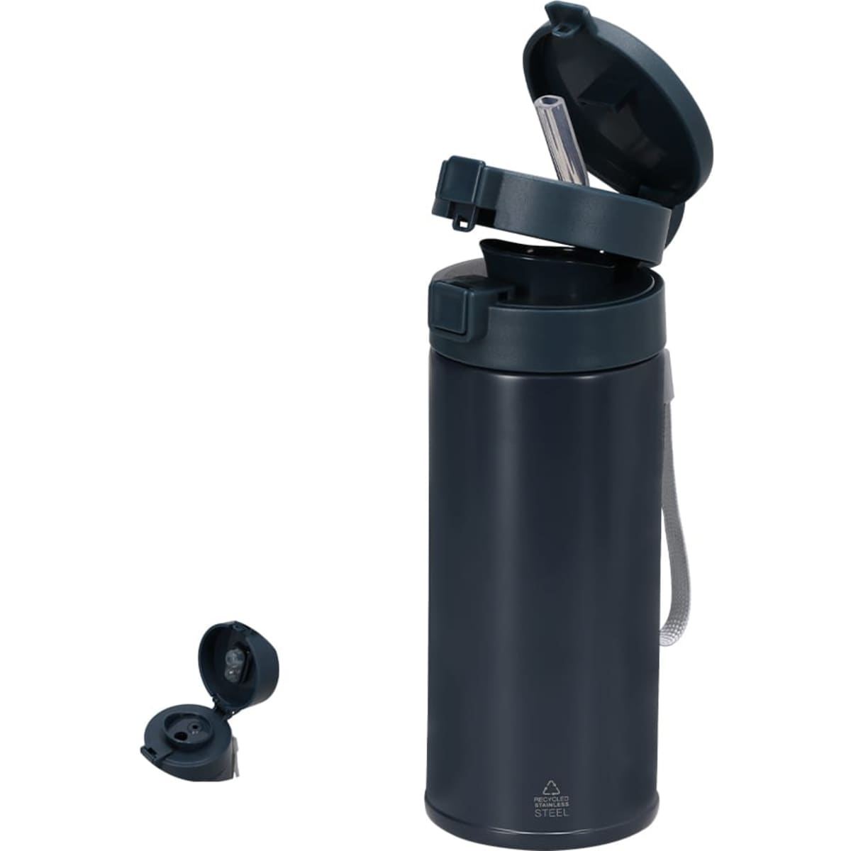 A drink bottle in navy blue with a straw and flip-top lid. It features a separate removable lid.