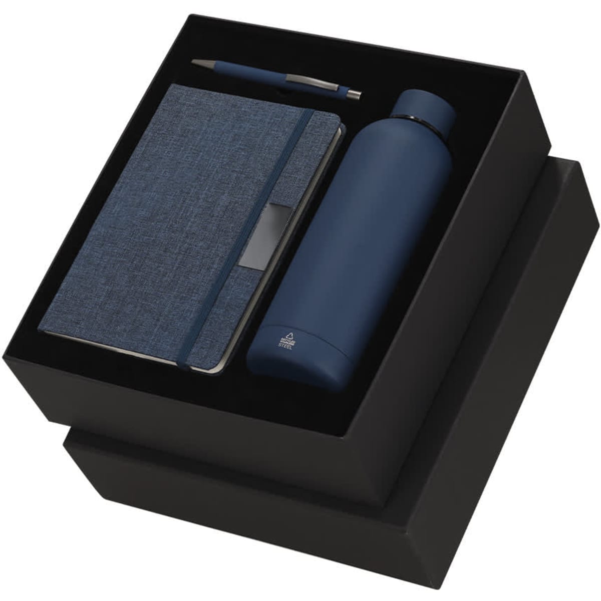 A navy drink bottle, notebook with a fabric cover, and a pen arranged in a black gift box.