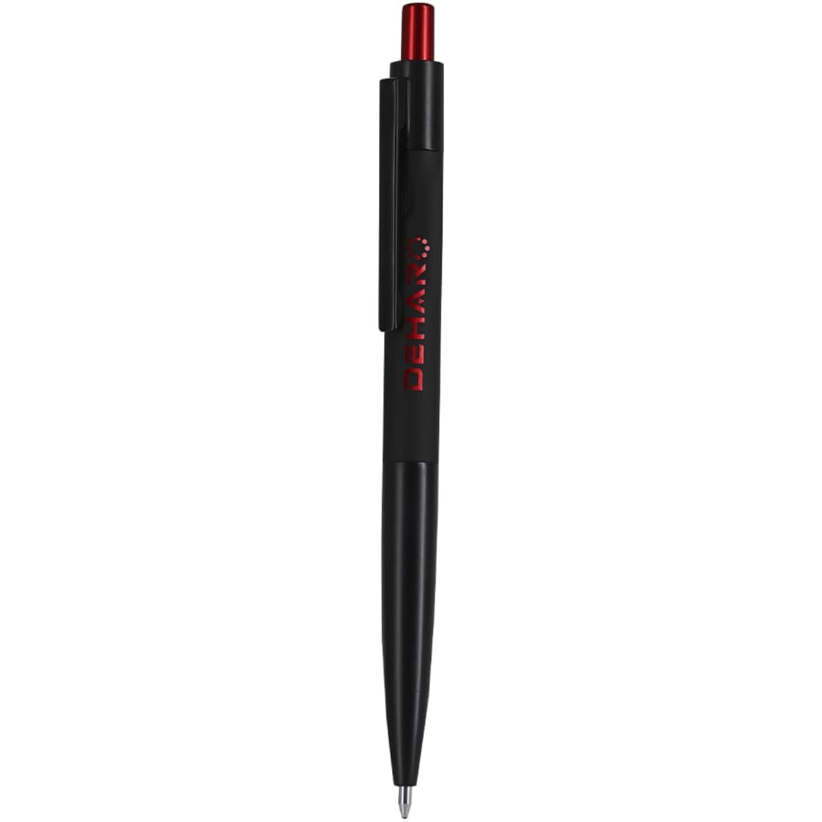 A black metal pen with a red clip and tip, featuring a logo.