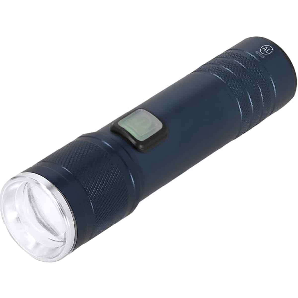 A blue torch with a textured grip and a button on the side, featuring a clear lens at one end.