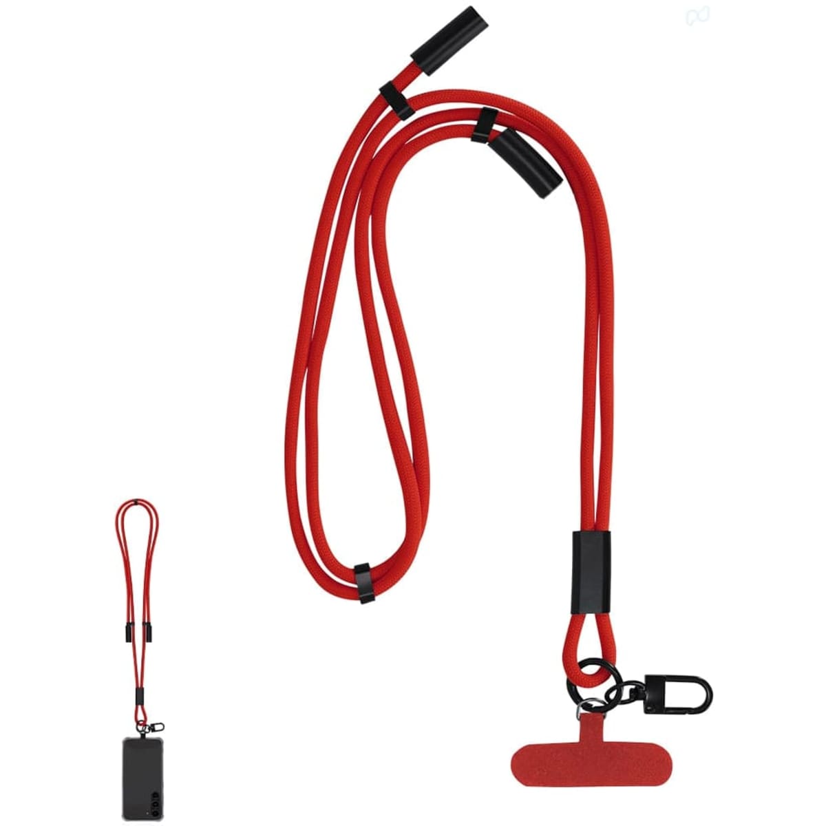 A red charging cable with a flexible design, featuring a clip and a tag for easy attachment, along with a logo.
