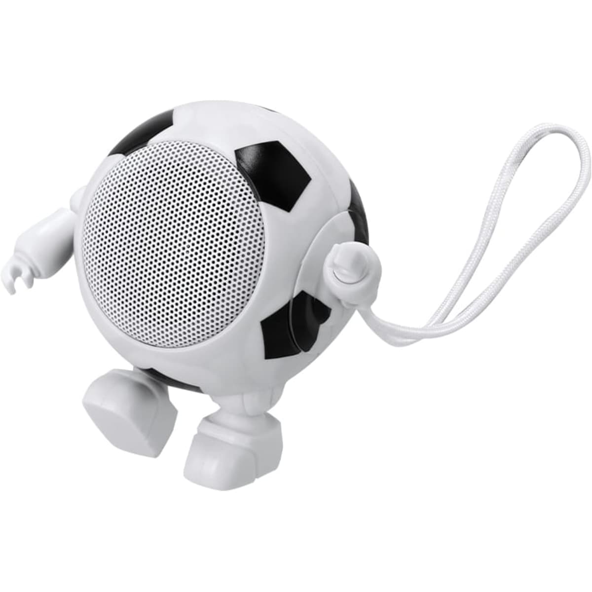 A round Bluetooth speaker designed like a soccer ball, featuring black and white colours with small arms and legs.