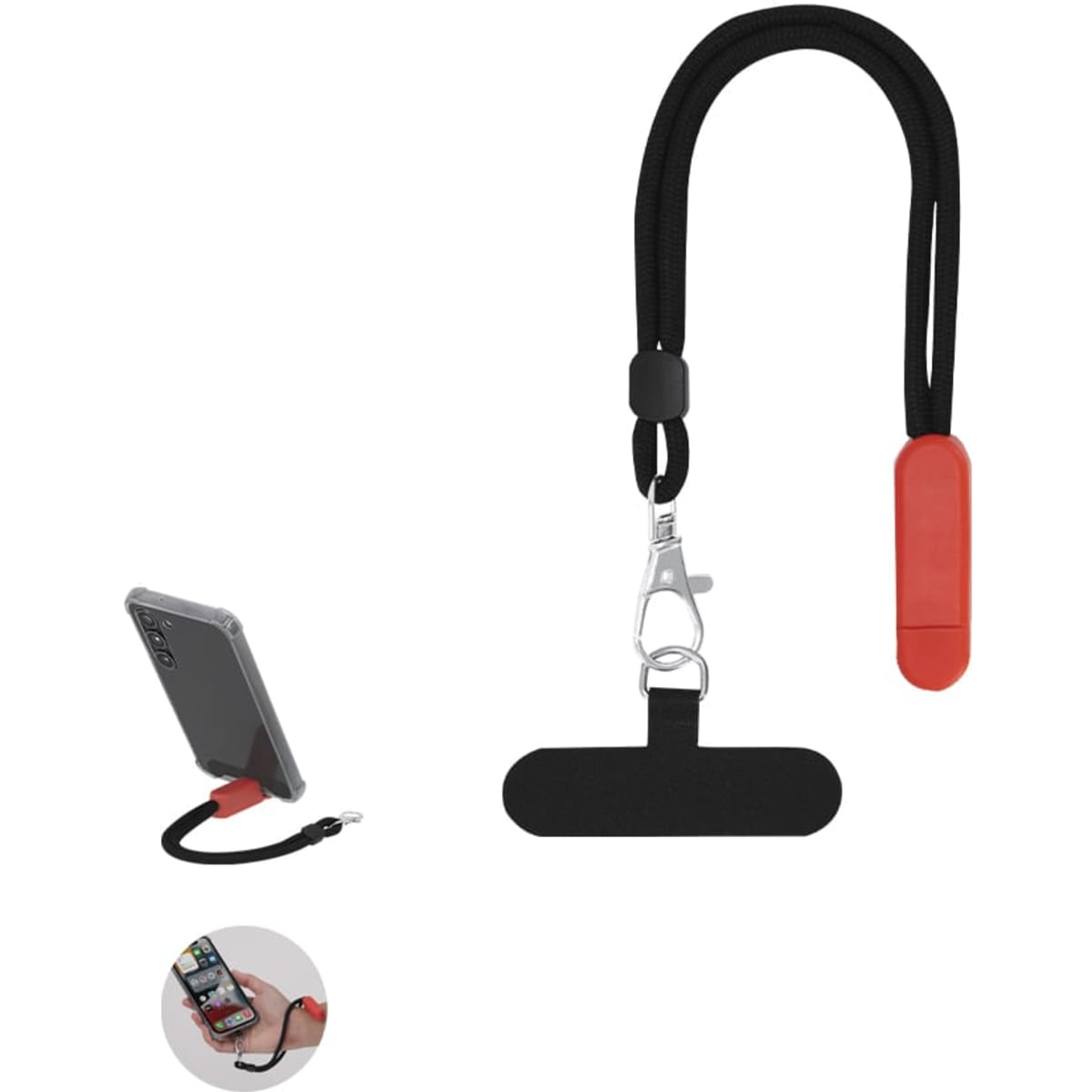 A black phone stand with a red clip and a flexible strap. Includes a detachable holder for a device.