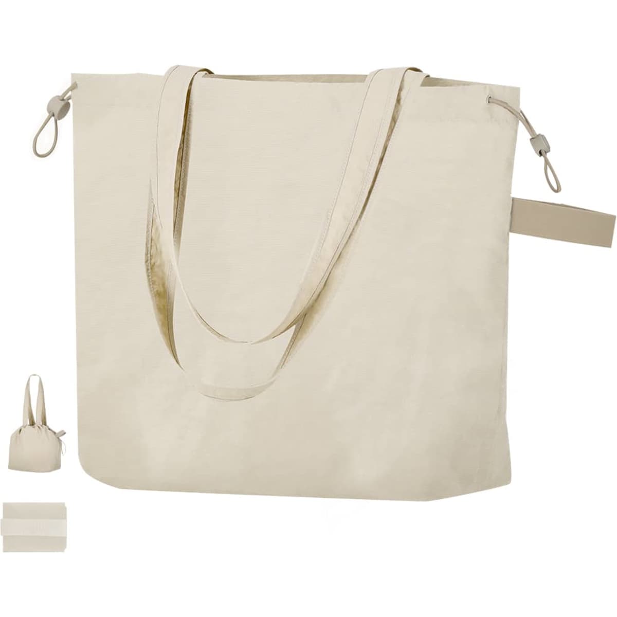 A cream-coloured drawstring bag with long handles and a compact design, featuring a small storage pouch.