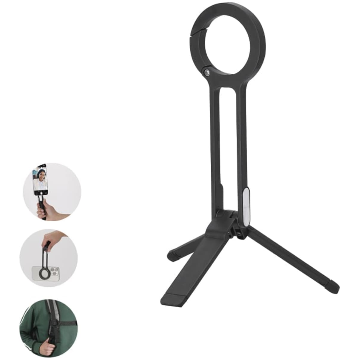 A black phone stand with a circular design and adjustable tripod legs, featuring a logo.