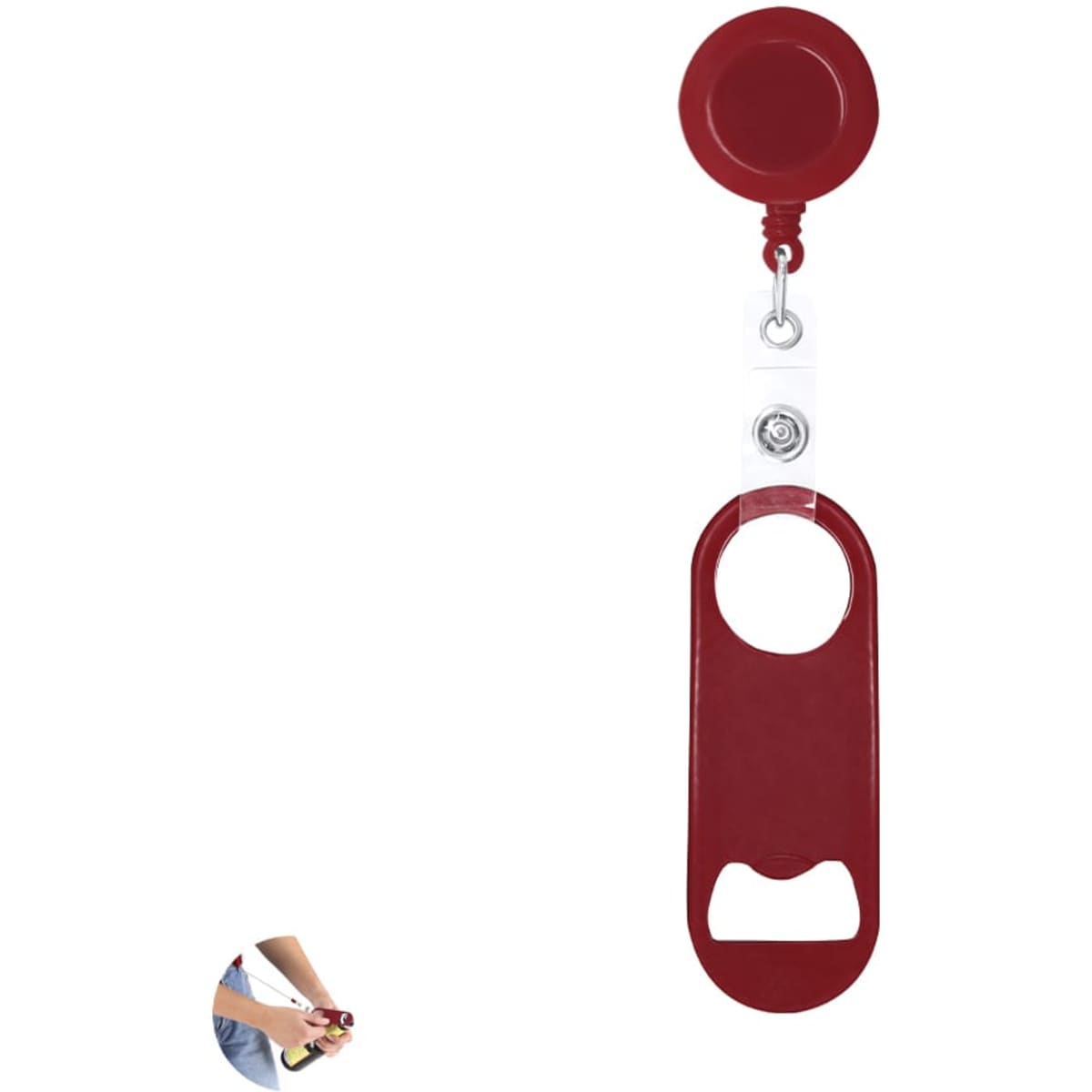 A drink bottle opener in red, featuring a retractable badge reel and a circular top for attachment.