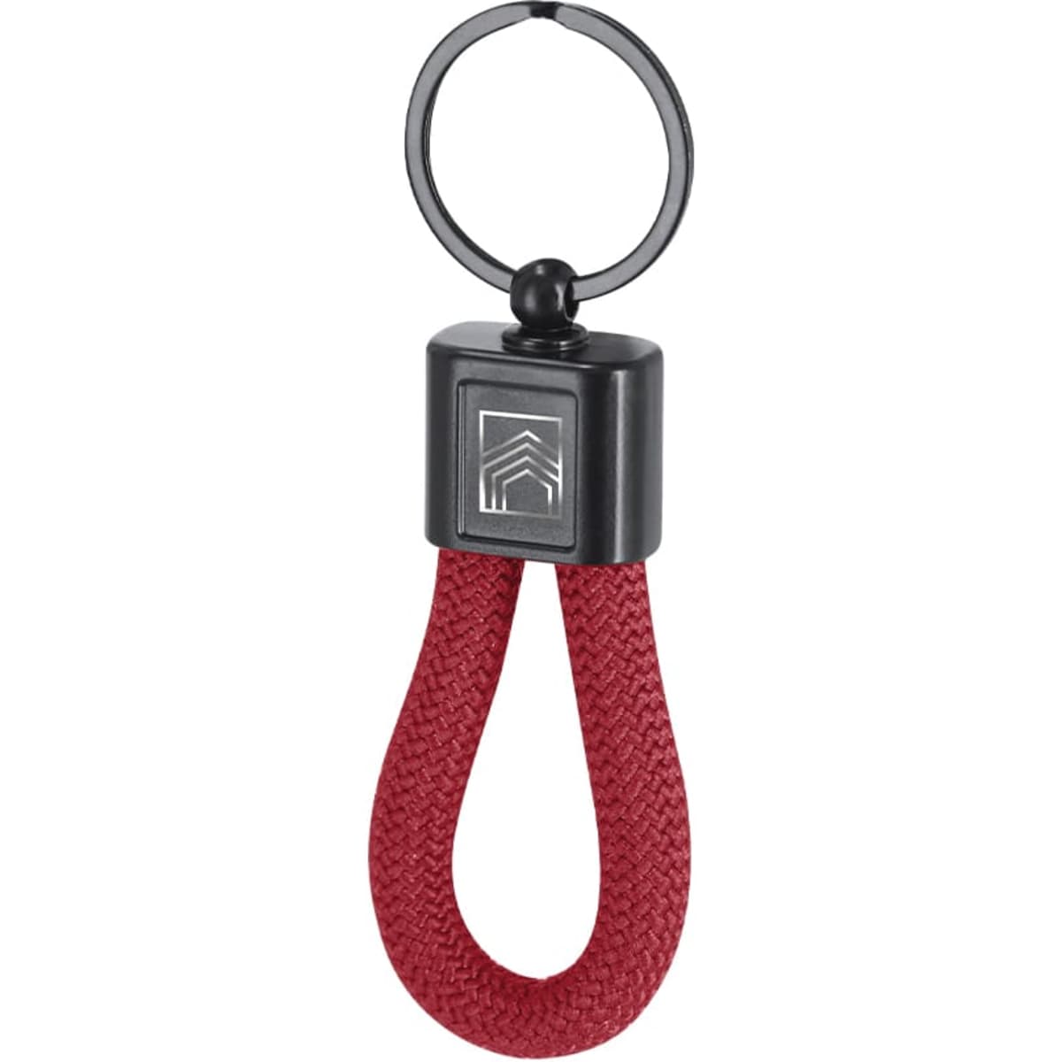 A red and black keyring featuring a braided strap and a round metal keyring loop. It has a branded logo on the top.