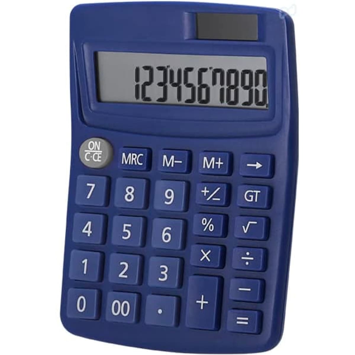 A blue calculator with a large digital display and numerous buttons for calculations. It features a logo on the body.