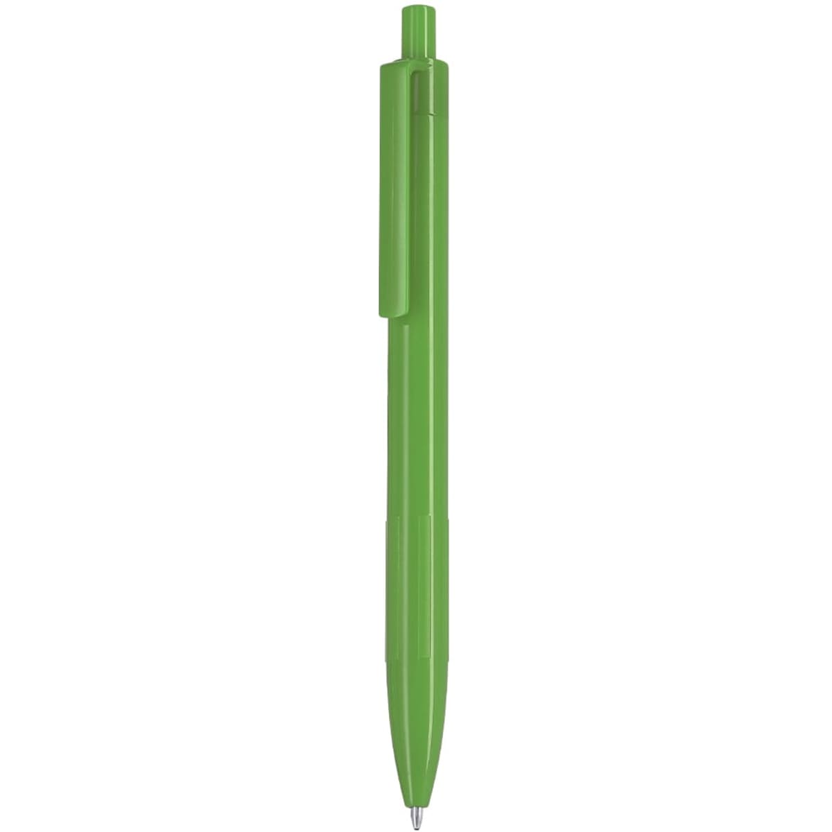 A green plastic pen with a clip and a sleek design, featuring an ink tip at one end and a branding logo.