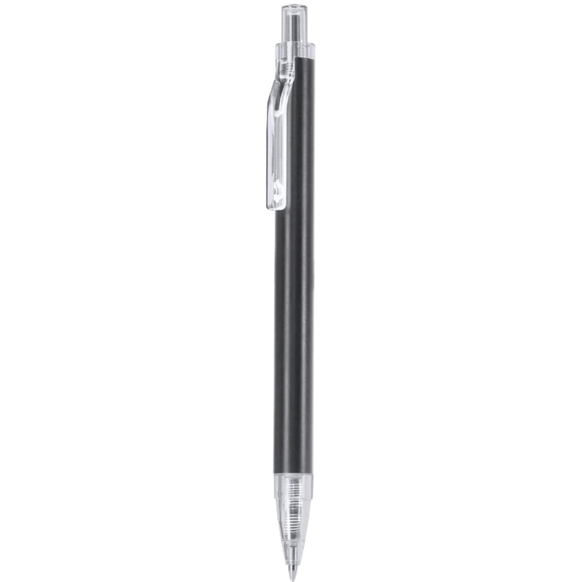 A metal pen in black with a transparent clip and clear plastic barrel, featuring a logo near the top.