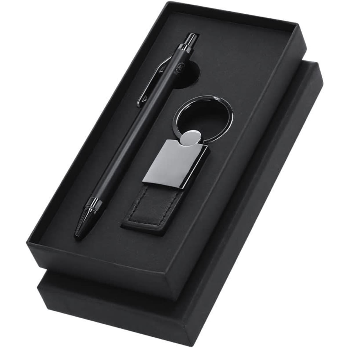 A black metal pen and keyring in a sleek black gift box. The set features a branded logo.