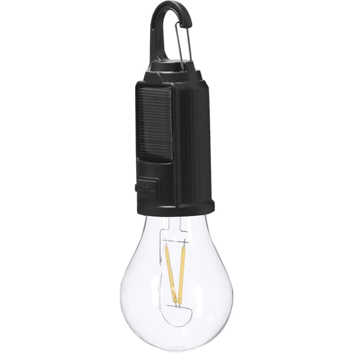 A hanging light bulb with a black casing and a hook for easy attachment. Clear glass and visible filament design.