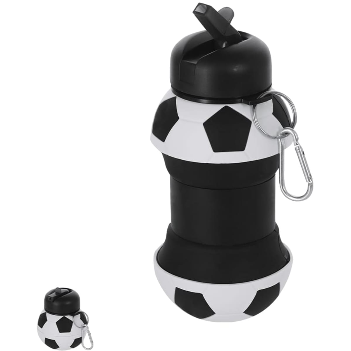 A drink bottle designed like a soccer ball, featuring black and white panels and a carabiner for attachment.