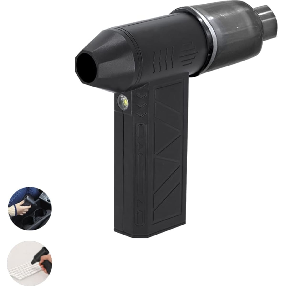 A black Logarix Vacuum Cleaner Blower featuring a nozzle and integrated light, designed for cleaning technology devices.