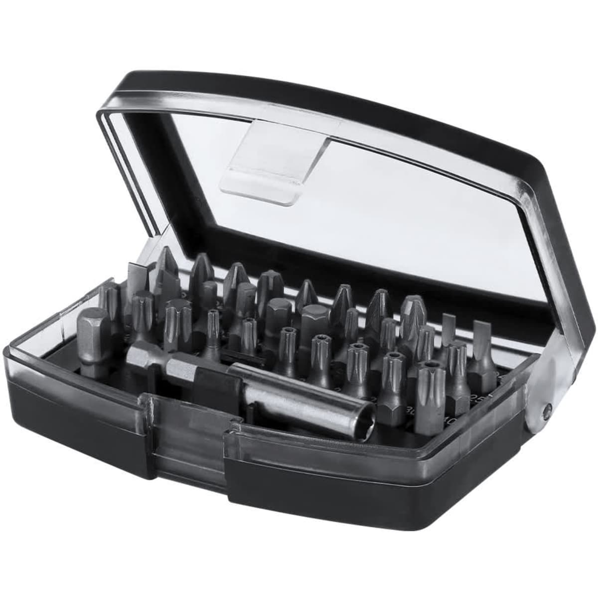 A multi-tool set in a transparent case, featuring various metal bits and a handle, in black and silver colours.