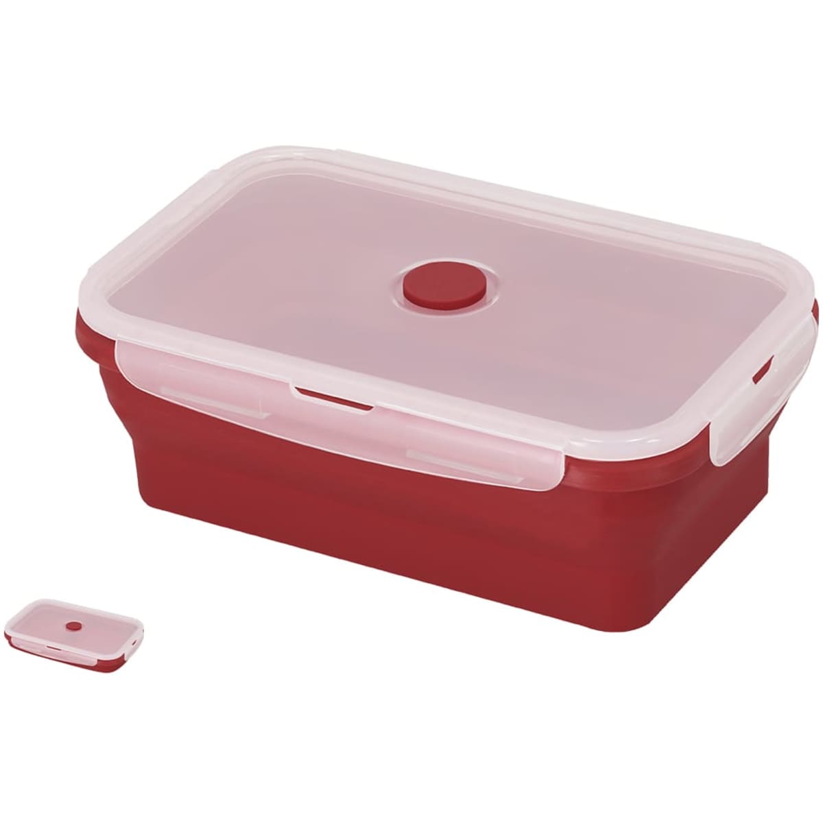 A red lunch box with a pink lid and a smaller matching container, featuring a logo on one side.