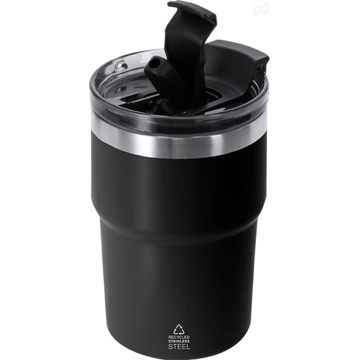 A drink bottle in black stainless steel with a clear lid featuring a straw opening and a branding logo on it.