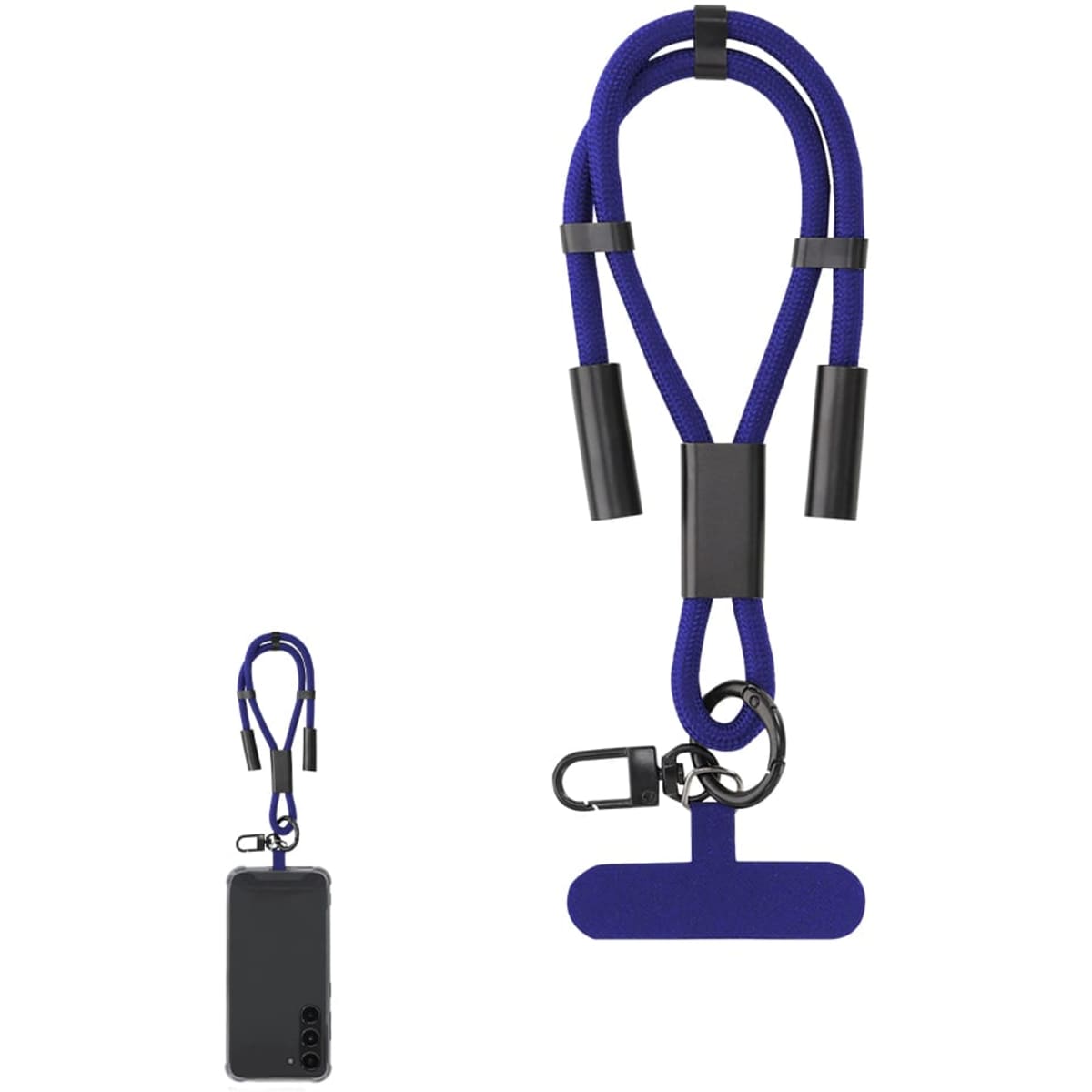 A purple charging cable with a loop and attachment clips, featuring a branding logo.