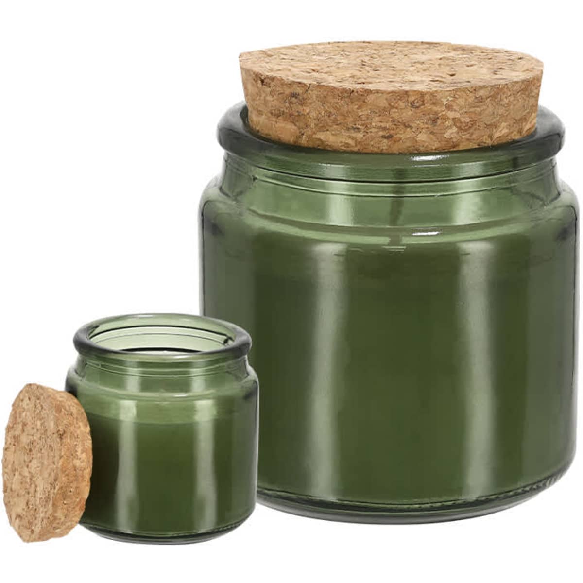 Two green glass candles with cork lids, one large and one small, arranged side by side.