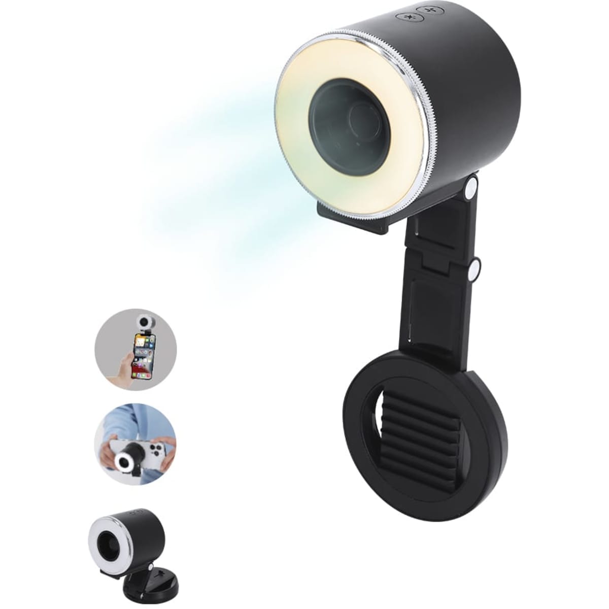 A black mobile phone camera light with an adjustable clip and a circular LED ring for enhanced lighting.