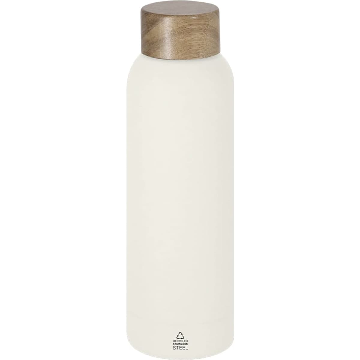 A drink bottle featuring a cream exterior and a wooden lid, with a logo on the base.