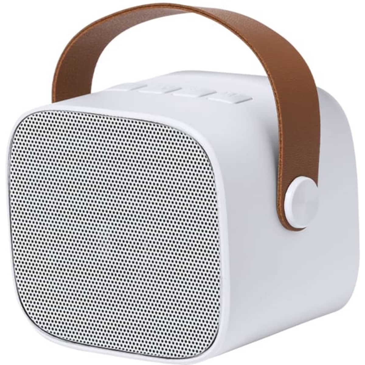 A white Bluetooth speaker featuring a brown leather handle and a perforated front for sound output.