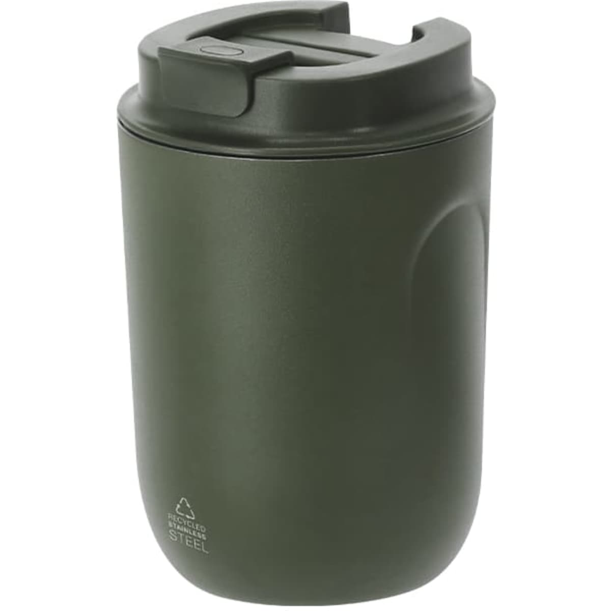 A drink bottle in a matte olive green finish with a secure lid and a sleek, compact design. Features a logo.