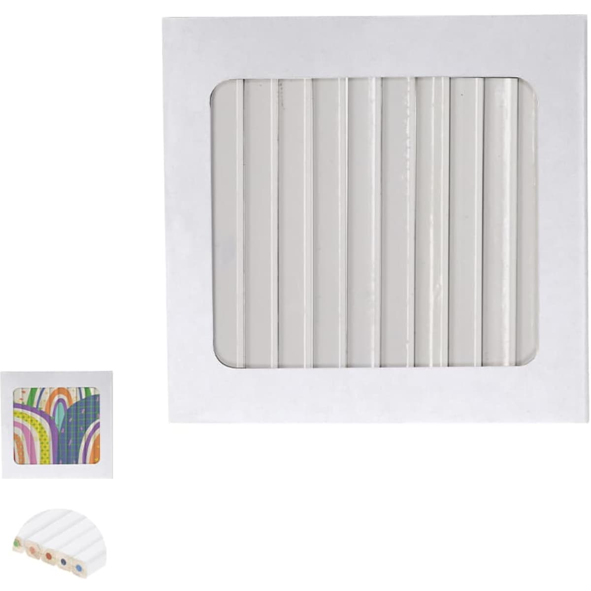 A set of coloured pencils neatly arranged in a white box with a window, featuring various vibrant colours.