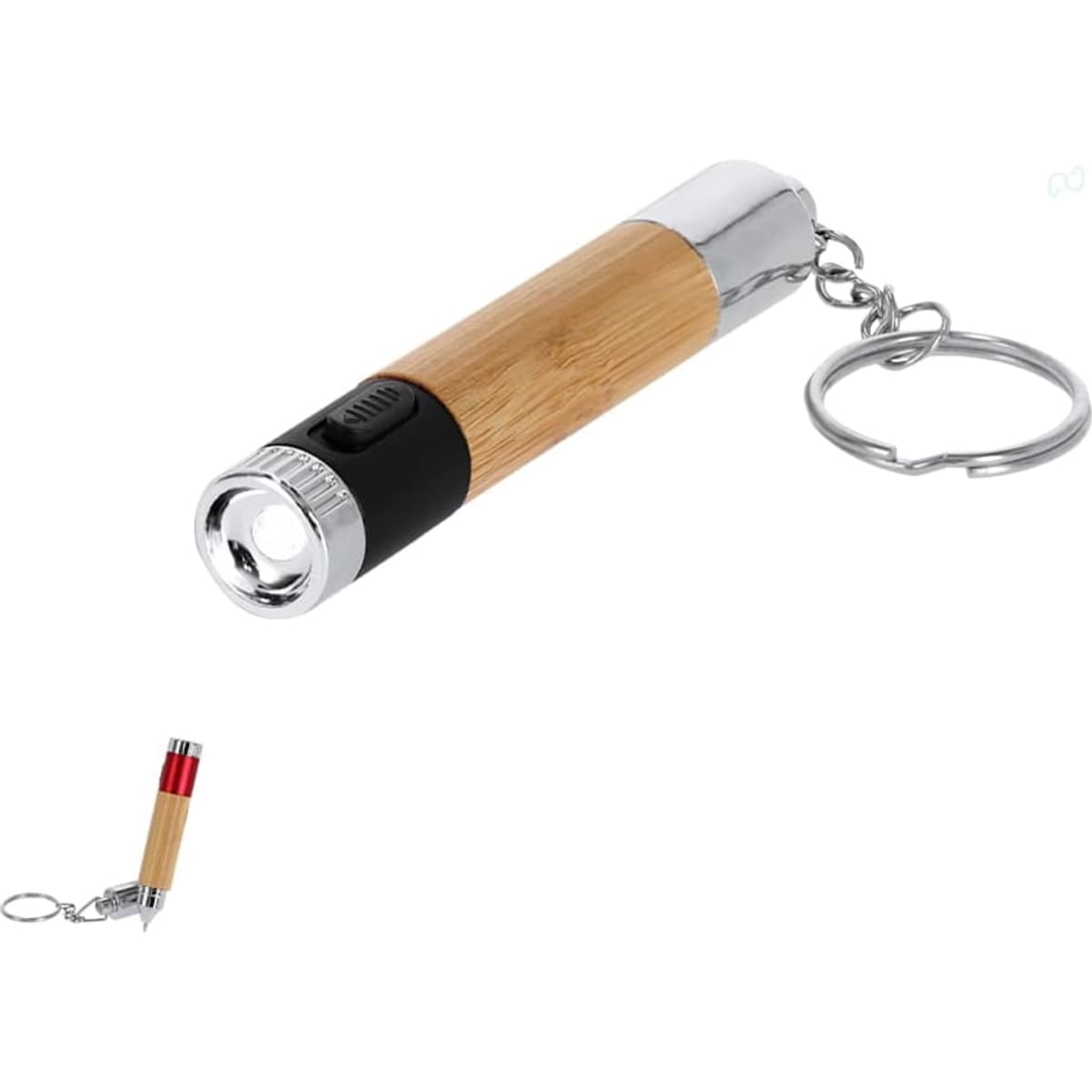 A keychain flashlight pen with a bamboo barrel and metal accents, featuring a button for light function.