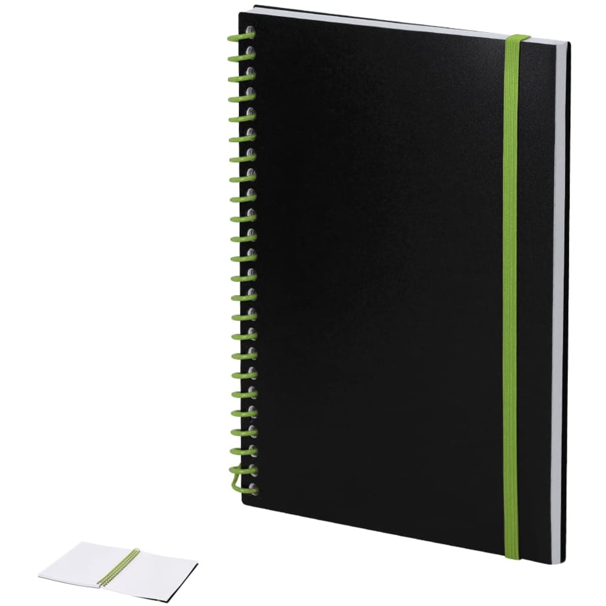 A black notebook with a green elastic band and spiral binding, accompanied by a small white notepad.