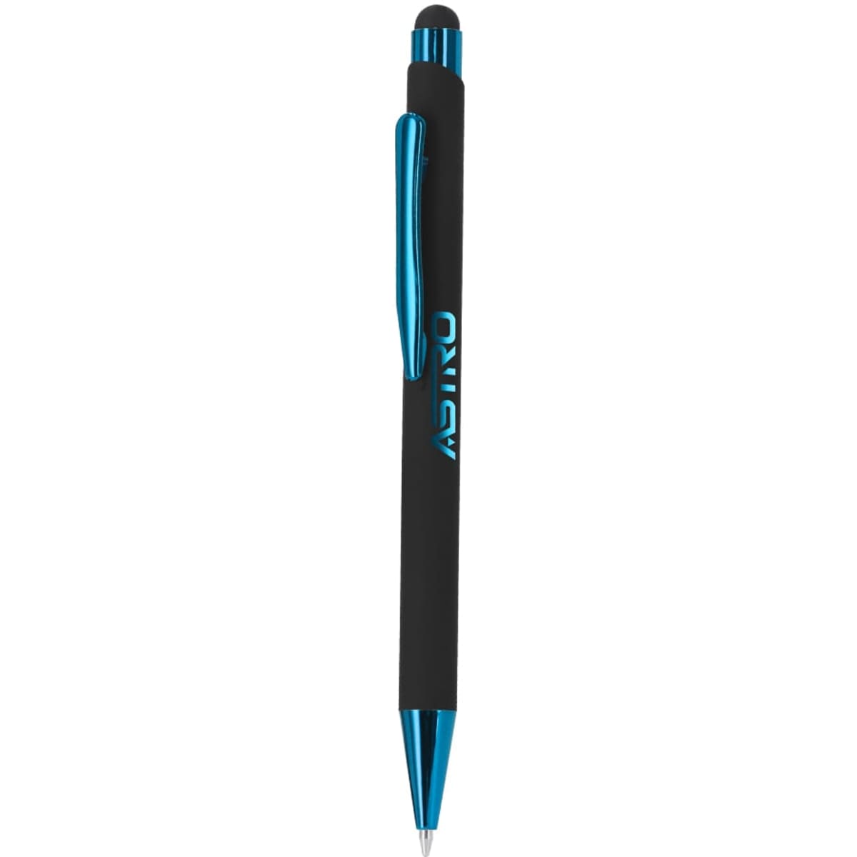A black ballpoint pen with a blue clip and tip, featuring a stylus and branding on the barrel.