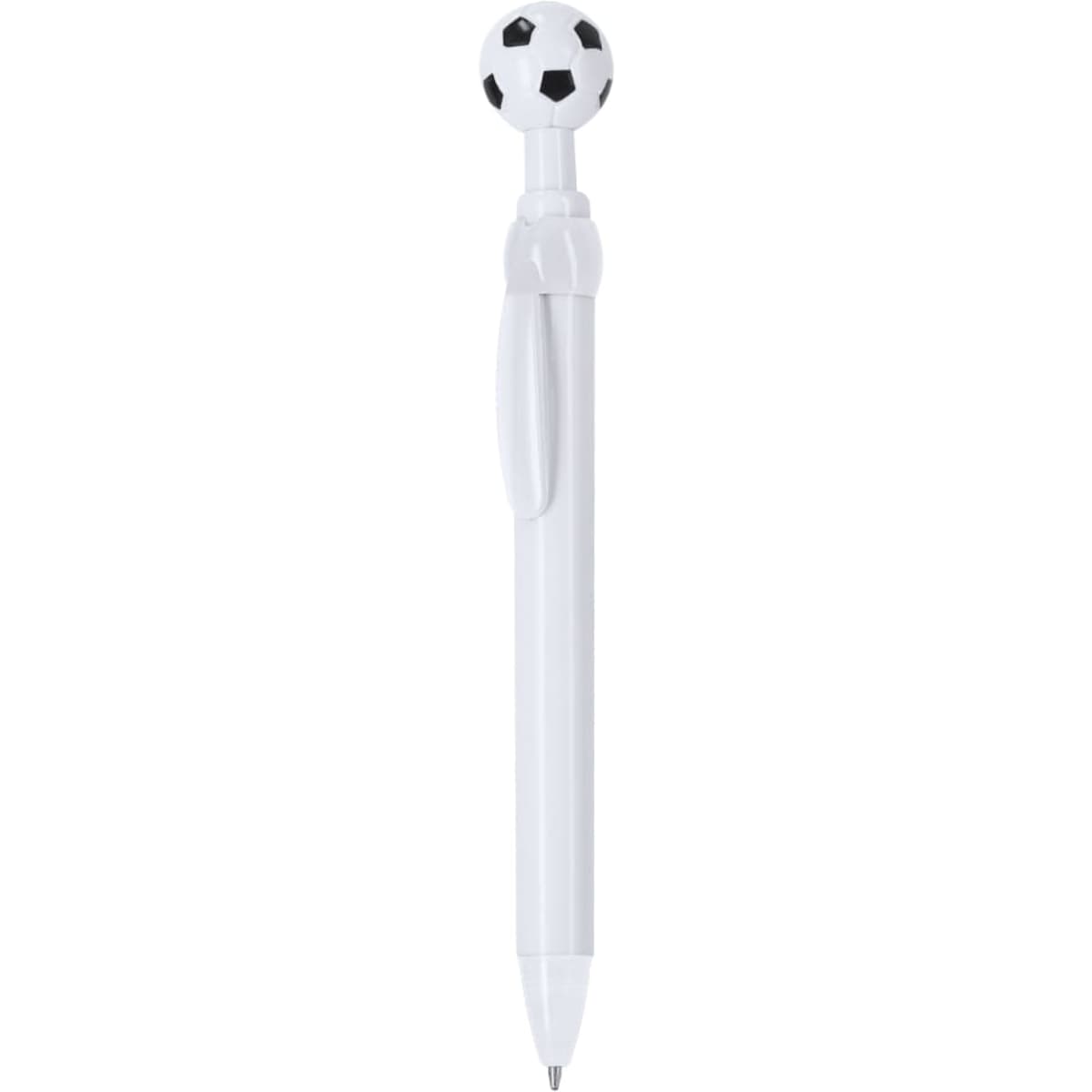A white plastic pen with a black and white soccer ball topper and a logo on the barrel.