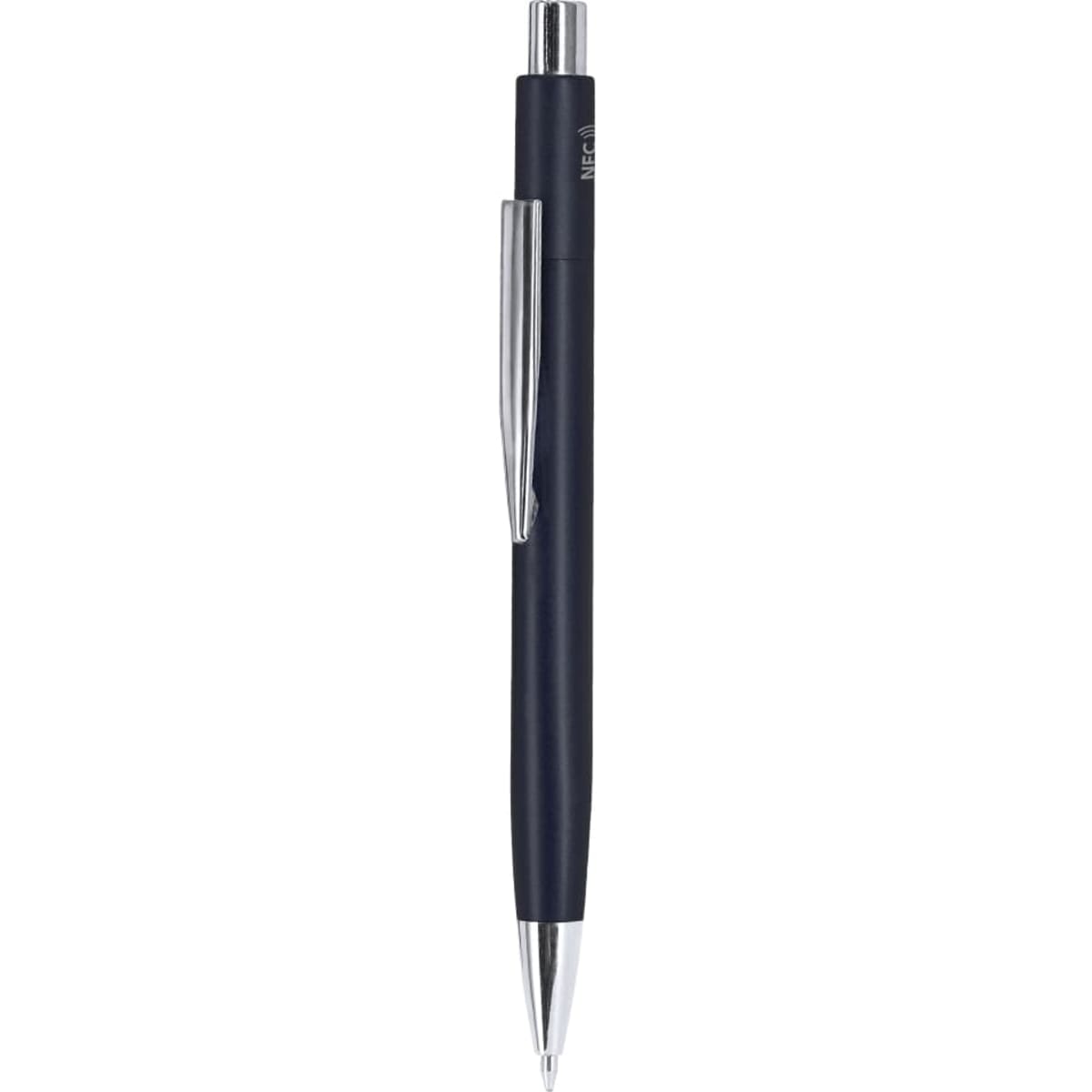 A metal pen in navy blue with a shiny silver clip and tip, featuring a logo.