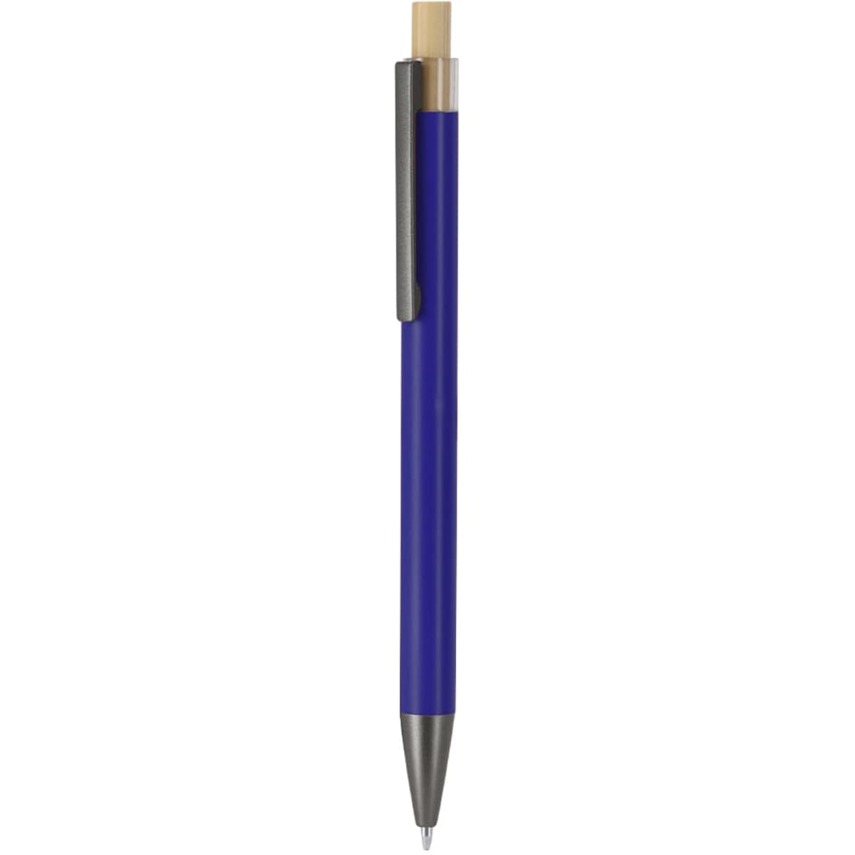 A blue metal pen with a gold-toned clip and a black grip, featuring a logo on its body.