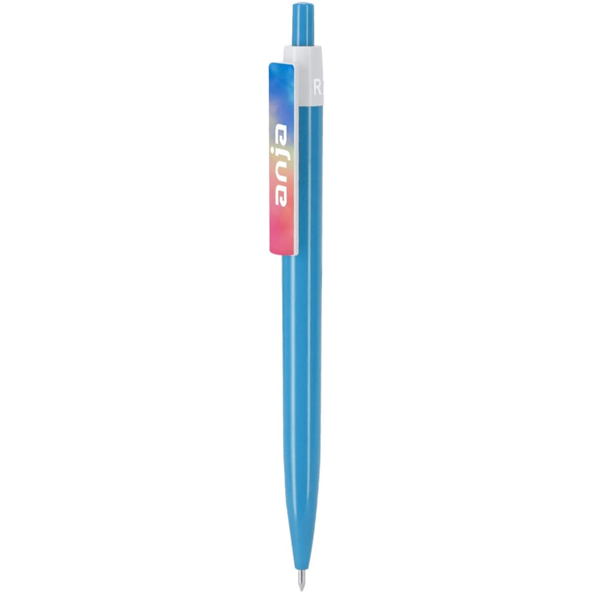 A blue plastic pen with a clip featuring a logo. The pen has a smooth, sleek design.