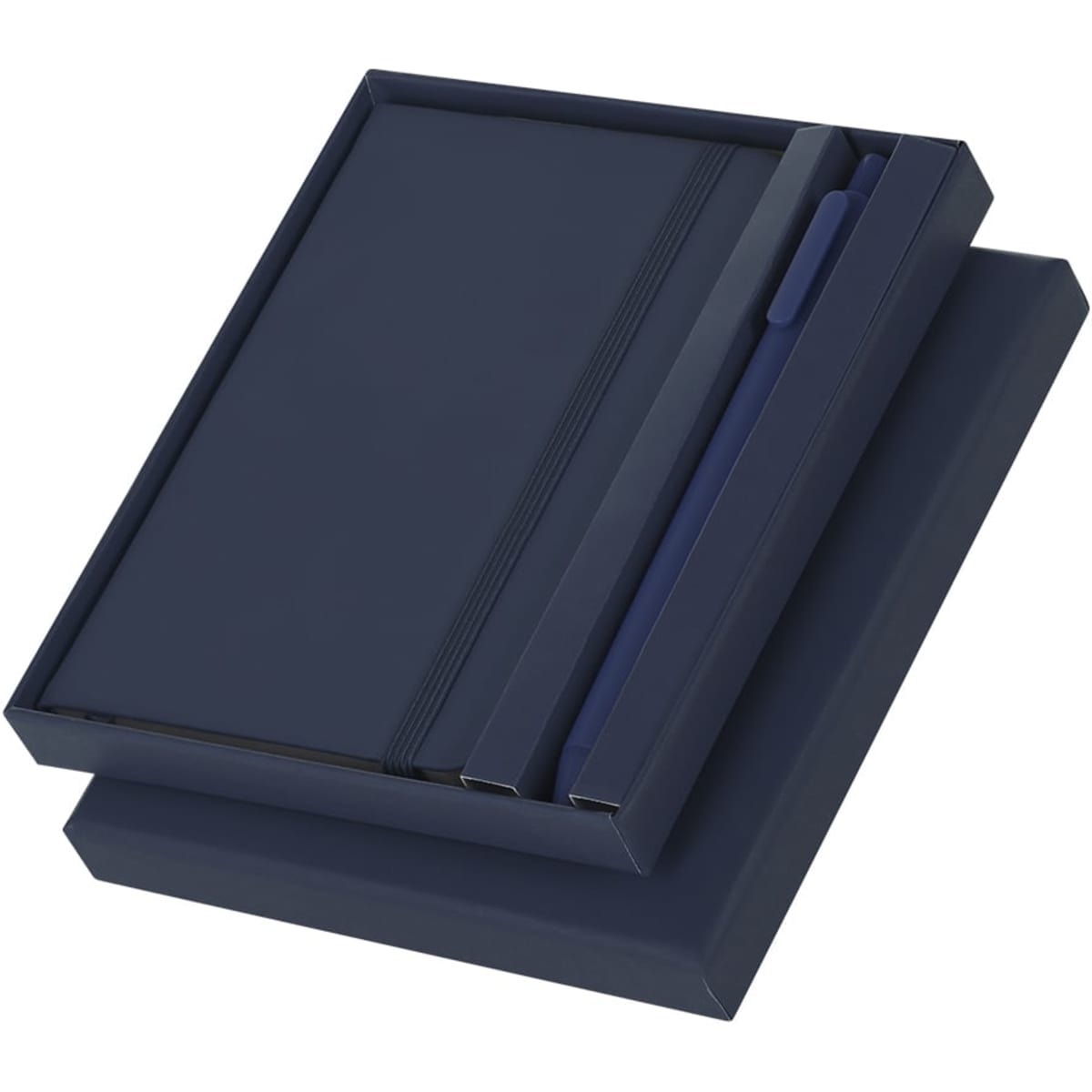 A navy gift set featuring a notebook and pen, presented in a sleek box with a logo.