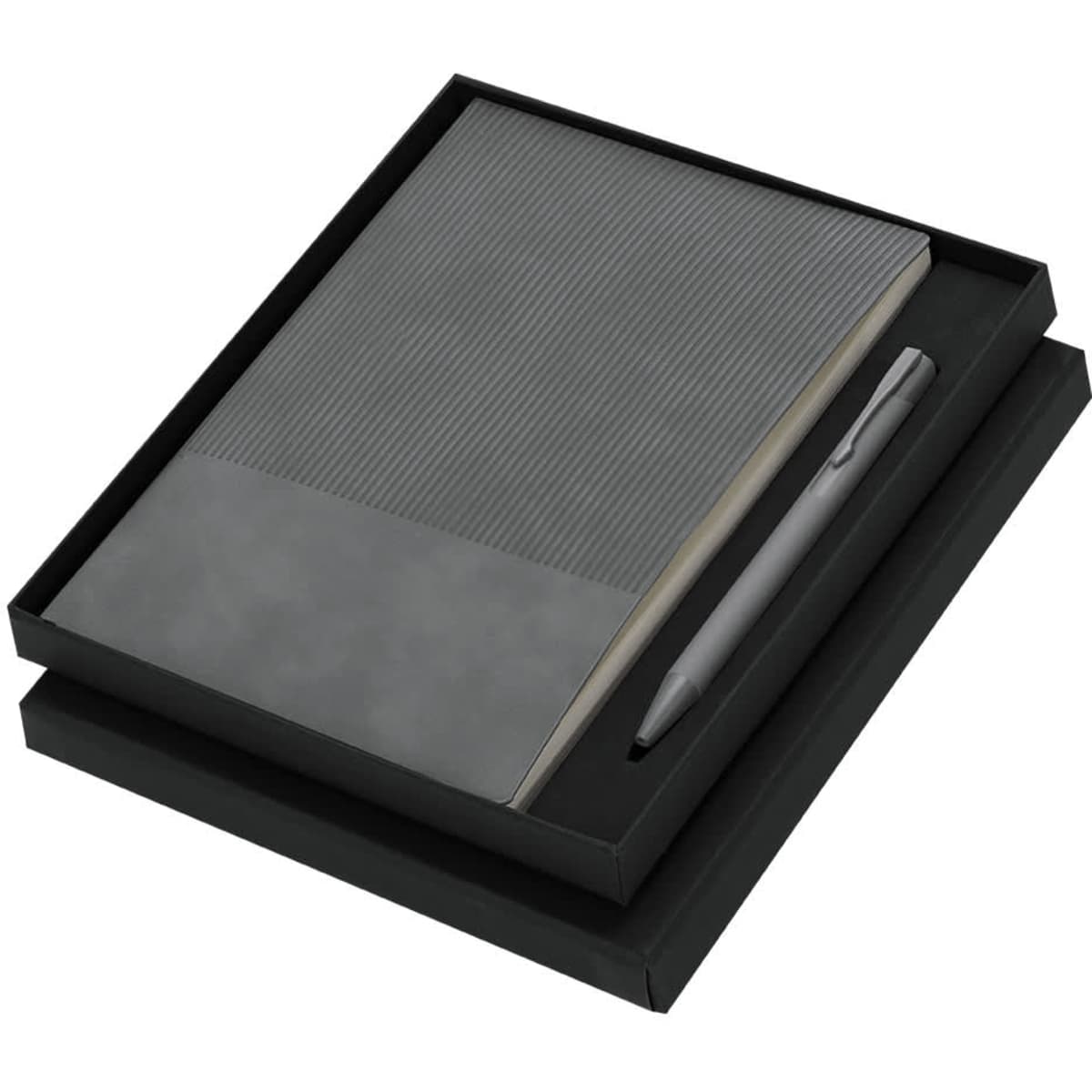A black notebook with a textured cover and a silver pen, presented in a matching black gift box.