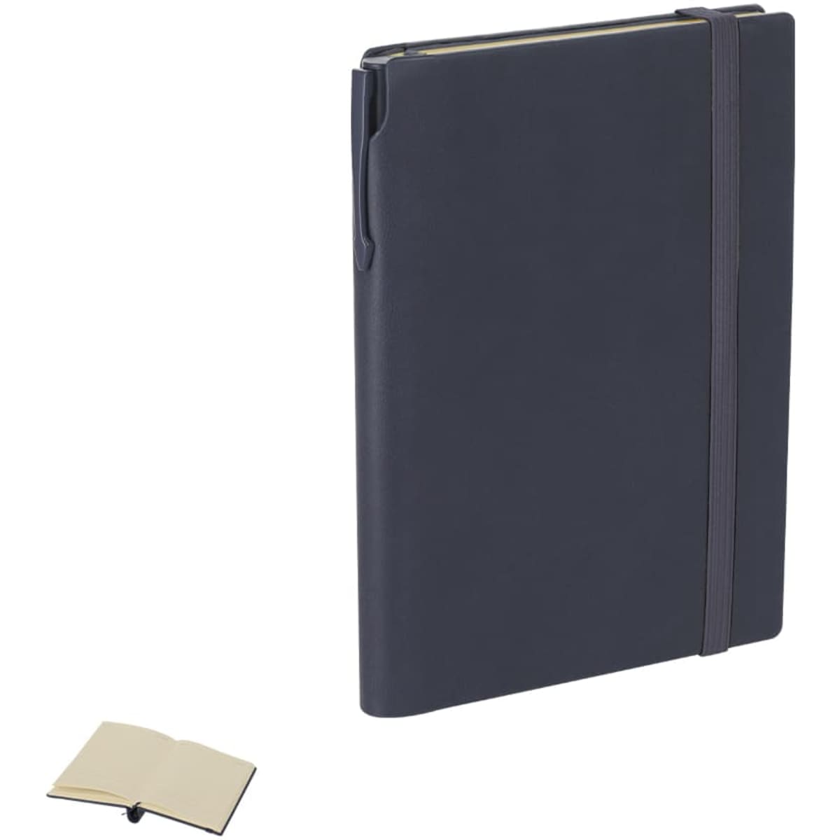 A navy notebook with an elastic band closure and a smaller open notebook beside it. The larger notebook features a logo.