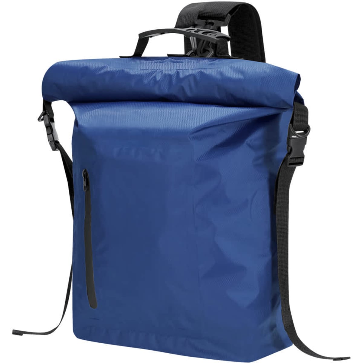 A blue Zorium backpack with a roll-top design, adjustable straps, and a front zipper pocket.